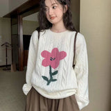 Poshoot Korean Sweet Flower Sweater Female Chic Round Neck Twist Knitted Sweater for Women Long Sleeve Loose Street Jumpers Woman