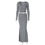 Poshoot Elegant Long Skirt Set Women's Fashion Lace Long Sleeve Top High Waist Skirt 2 Piece Set Solid Slim Casual Female Suit