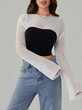 Poshoot Women Hollow Out Shrug Sweater Y2k Long Sleeve Knitted Crop Pullover Tops Loose Casual Bikini Cover-ups Fall Outfits