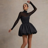 Poshoot Black Mesh Sexy Mini Dress Female High Waisted Sheer Long Sleeve Patchwork A-Line Short Dress Luxury Party Evening Dress