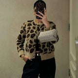 Poshoot Leopard Print Knitted Cardigan Women's O Neck Single Breasted Printed Sweater Warm Streetwear Office Lady Knitted Jacket