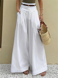 Poshoot Women High Waist Casual Wide Leg Long Palazzo Pants  Summer With Pockets Loose Female Simple White Trousers Bottoms