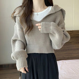 Poshoot Long Sleeve Cropped Sweater Women Autumn Winter Turn Down Collar Knitted Jumper Woman Korean Style Solid Color Jerseys