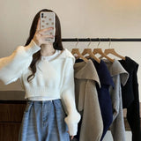 Poshoot Long Sleeve Cropped Sweater Women Autumn Winter Turn Down Collar Knitted Jumper Woman Korean Style Solid Color Jerseys