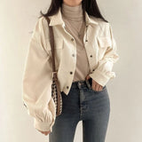 Poshoot Chic Pockets Long Sleeve Cropped Blouse for Women Corduroy Drawstring Short Jacket Woman Korean Wild Solid Color Coats