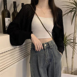 Poshoot Sunscreen Crop Knit Cardigan Women Korean Style Solid Color Thin Cardigan Coat Woman Simple Long Sleeve Smock Top Ladies