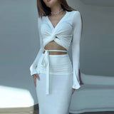 Poshoot Sexy V Neck Bandage Long Skirt Set Women's White Long Sleeve Lace Up Top See Through Skirt 2 Piece Elegant Skirt Set