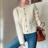 Poshoot Elegant Knitted White Jacket Women Round Neck Autumn Winter Fuzzy Cardigan Woman 2024 New Long Sleeve Sweater Jacket