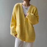 Poshoot 2024 Chic Yellow Sweater Cardigan Women Lazy Wind Single-Breasted Knitted Cardigan Women Solid V Neck Cardigans Female