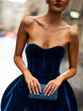 Poshoot Elegant Blue Velvet Strapless Backless Mini Dress For Women Sexy Off Shoulder A-line Gown Summer Lady Evening Party Dresses