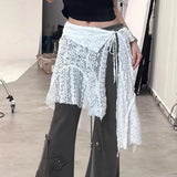 Poshoot Korean One Piece Mesh Skirts Women Ins Floral Embroidery Irregular Mesh Mini Skirt Woman Lace Up Half Body Skirts Female