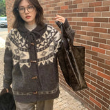 Poshoot Fair Isle Vintage Hooded Cardigans Women Japanese Style Horn Button Long Sleeve Sweater Coats Woman Thicken Warm Jackets Female