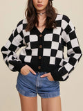 Poshoot Y2k Vintage Checkerboard Crop Cardigan V-neck Button Up Knitted Sweaters Women Autumn Winter Outfits