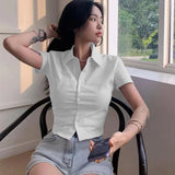 Poshoot Korean Slim Fit White Shirt Women Summer Y2K Short Sleeve Crop Top Blouses Woman Preppy Style Button Up Basic T Shirts