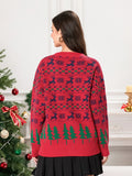 Poshoot Women Christmas Knit Sweaters Deer Christmas Tree Print Red Button Up Cardigans Casual Lightweight Warm Fall Winter Knitwear