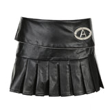 Poshoot-Punk Zipper Metal PU Leather Pleated Skirt