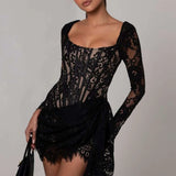 Poshoot Sexy Lace High Waist Dress Women's Solid Lace Patchwork Lace Party Dress Printed Long Sleeve Slim Evening Gown Outfits