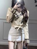 Poshoot Winter Korean Fashion 2 Piece Set Women Elegant Blazers Jackets + Mini Skirt 2000s Vintage Suits Long Sleeve Coats Y2k Outfits