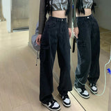 Poshoot Vintage Cargo Baggy Jeans Women Autumn Winter Straight Loose Denim Trousers Woman High Waist Streetwear Pants Female