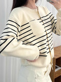 Poshoot Vintage Striped Knitted Sweater Women Beige Casual Cropped Cardigan Mujer Long Sleeve Knitwear Autumn Winter Jersey