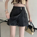 Poshoot Korean Style High Waist Skirt Shorts Women 2024 Summer Pockets Denim Shorts Woman Double Button A Line Skirt Pants Female