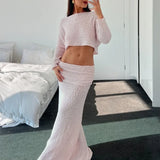 Poshoot Knitted Skirt Set Women's Summer Off-Shoulder Long Sleeve Cropped Top Slim See-through Pleated Skirt Female Skirt Set