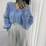 Poshoot Autumn Chic Women's Cropped Knitted Cardigan Solid Color Long Sleeve V Neck Cardigans Women All Match Button Up Sweater Shawl