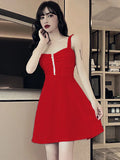 Poshoot 2022 New Sexy Dress Mesh Red Strap A-line Slim Fit Slim Ruffled Low Chest Zipper Korean Style Short Dress Women Charm PG9J