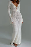 Poshoot-V-neck Hollowed Out Sexy Dress, Knitted Tight Fitting Long Sleeved Autumn and Winter New 2023 Fashion Casual Perspective Elegant