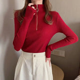 Poshoot Women's Zipper Red Knitted Sweater Autumn Winter Basic Long Sleeve Jumpers Ladies Korean Solid Slim Fit Knitwears Women