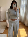 Poshoot Women Y2K 2 Pieces Pajama Set Long Sleeve Crop Tops + Elastic Wide Leg Pants for Loungewear Aesthetic Soft Sleepwear