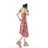 Poshoot-Women's Wear Strap Dress Lace Plaid Chic Slim Skirt Sexy Backless Summer French Vintage Sleeveless Suspender Mid-length Skirt