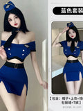 Poshoot Fashion Uniform Blue Skirts Set Female Sexy Flight Attendant Uniform Sexy Hot Gown Bandage Off Shoulder Top Jk Uniform 8TLR