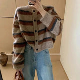 Poshoot Vintage Striped Cardigan Women Korean Style Round Neck Long Sleeve Sweaters Woman Button Up Short Knitting Cardigans