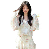 Poshoot Japanese Kawaii 2 Piece Skirt Sets Women Casual Y2k Thin Floral Blouse + Short Skirts Beach Style Elegant Korean Fashion Suits