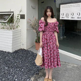 Poshoot Pink Print Square Collar Dress Women Elegant Puff Sleeve Flower Long Dresses Woman Summer Slim Waist Chiffon Dress Ladies