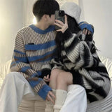 Poshoot Rimcoy American Striped Couple Sweater Women Lazy Wind Round Neck Loose Sweaters Woman Y2K Long Sleeve Oversized Knitwear Female