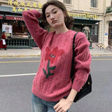 Poshoot Korean Sweet Flower Sweater Female Chic Round Neck Twist Knitted Sweater for Women Long Sleeve Loose Street Jumpers Woman