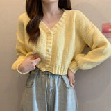 Poshoot Y2K Knitted Cropped Cardigan Sweater Women Korean Short Long Sleeve Crop Tops Woman Solid Color V Neck Cardigans Female