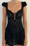 Poshoot Christmas Thanksgiving Gifts  See-Through Lace Short Sleeve V-Neck A-Line Mini Dress