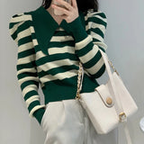 Poshoot Green Puff Sleeve Stripe Sweaters Women 2024 Korean Lapels Cropped Sweater Woman Spring Autumn Long Sleeved Knit Pullover