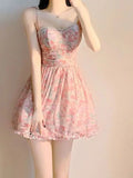 Poshoot Sweet New Pink Sexy Dress Sweet Fresh Style Fragmented Flowers Print Waist Wrapped Slim Student Summer Short Lovely 2024 7DSB