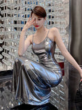 Poshoot Sexy Style Light Luxury Spicy Girl Liquid Bright Female Korean Indie Style Silver Dress Elegant Party Fashion TemperamentBMI6