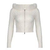 Poshoot-White Twisted Fluffy Zip Up Knitted Sweater