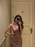 Poshoot Sexy Sheath V Neckline Long Pink Floral Prom Dresses Birthday Outfits Evening Gown SD1002