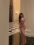 Poshoot Sexy Sheath V Neckline Long Pink Floral Prom Dresses Birthday Outfits Evening Gown SD1002