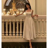 Poshoot Sexy A line Square Neckline White Satin Prom Dresses Birthday Outfits Evening Gown SD1003