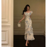 Poshoot Sexy French Sheath Blue Floral Ruffles Prom Dresses Birthday Outfits Evening Gown SD1033