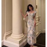 Poshoot Sexy French Sheath Blue Floral Ruffles Prom Dresses Birthday Outfits Evening Gown SD1033