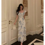 Poshoot Sexy French Sheath Blue Floral Ruffles Prom Dresses Birthday Outfits Evening Gown SD1033